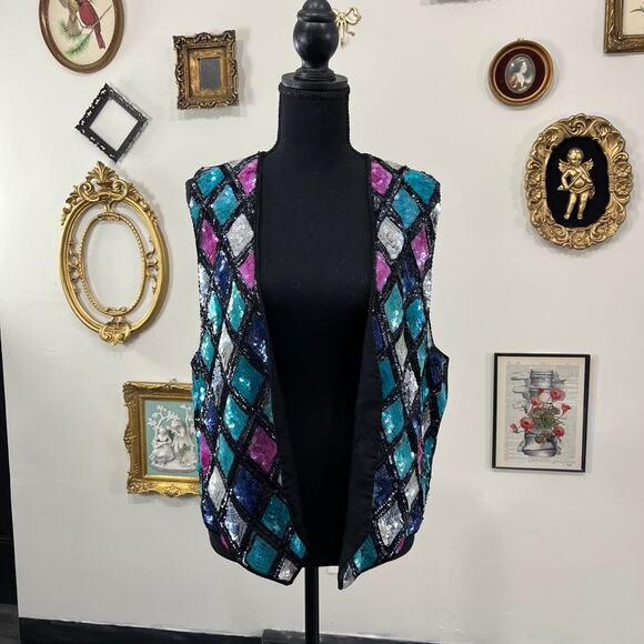 Vintage Y2K CANTOS Sequin Harlequin Vest - Picture 1 of 3